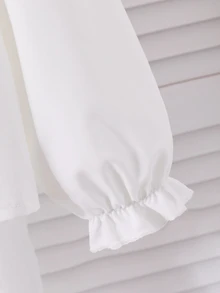 SHEIN 女童優雅刺繡蕾絲花瓣領公主風長袖前扣單排扣休閒時尚公主襯衫，適合上學穿著 - 白色 - 查看 5