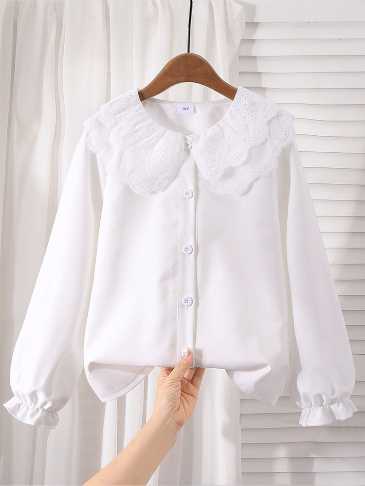 SHEIN Girls' Elegant Embroidered Lace Petal Collar Princess Long Sleeve Button-Front Single-Breasted Casual Fashion Princess Blouse, Suitable For School - White - View 10