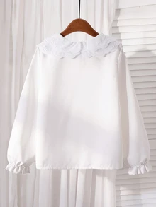 SHEIN 女童優雅刺繡蕾絲花瓣領公主風長袖前扣單排扣休閒時尚公主襯衫，適合上學穿著 - 白色 - 查看 2