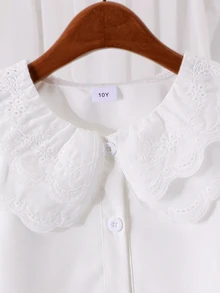 SHEIN 女童優雅刺繡蕾絲花瓣領公主風長袖前扣單排扣休閒時尚公主襯衫，適合上學穿著 - 白色 - 查看 9