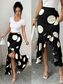 SHEIN Elenzya 女款復古波點高腰不對稱荷葉邊開衩長裙 Y2K 性感黑白波點不對稱荷葉邊高腰飄逸長裙 夏季波西米亞波點高腰不對稱荷葉邊開衩長裙 度假優雅波點不對稱荷葉邊高腰長裙 - 黑色 - 查看 4