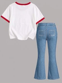 Tween Girl 兩件式休閒簡約短袖上衣與長褲套裝，適合夏季 - 彩色 - 查看 2