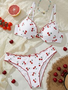 Swim Mod 2 件套加大码女式随机印花聚拢泳衣，性感细肩带分体泳衣 - 白色 - 查看 5