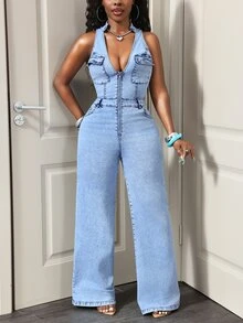Slaydiva Casual Women's Denim Overalls And Jumpsuits - Blue - View 4