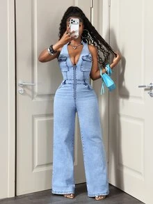 Slaydiva Casual Women's Denim Overalls And Jumpsuits - Blue - View 6