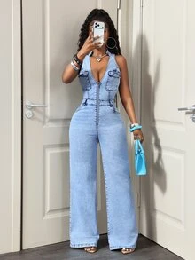 Slaydiva Casual Women's Denim Overalls And Jumpsuits - Blue - View 5
