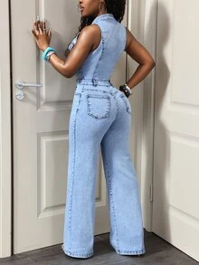Slaydiva Casual Women's Denim Overalls And Jumpsuits - Blue - View 2