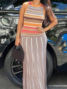 NegzBox Women's Striped Round Neck Sleeveless Fitted Knit Dress Pink - Pink - View 6