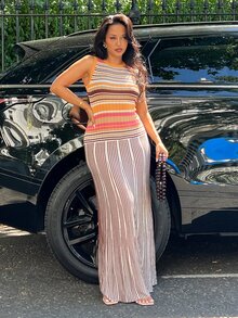 NegzBox Women's Striped Round Neck Sleeveless Fitted Knit Dress Pink - Pink - View 1