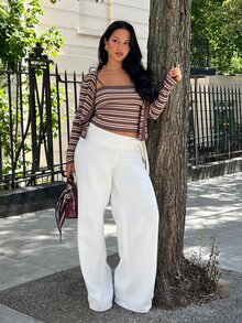NegzBox Women's Contrast Stripe Fitted Camisole & Long Sleeve Cardigan Casual Vacation Knit 2 Pieces Set, Spring/Autumn Fall - Brown - View 5