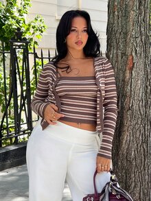 NegzBox Women's Contrast Stripe Fitted Camisole & Long Sleeve Cardigan Casual Vacation Knit 2 Pieces Set, Spring/Autumn Fall - Brown - View 1