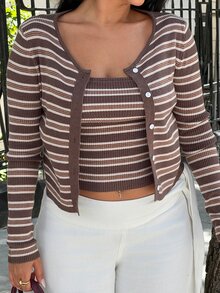 NegzBox Women's Contrast Stripe Fitted Camisole & Long Sleeve Cardigan Casual Vacation Knit 2 Pieces Set, Spring/Autumn Fall - Brown - View 6