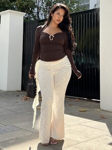 NegzBox Ladies Off-White Elegant Lace Flared Pants,Patchwork Ruffle Hem Boho Beach Pants,Suitable For Summer Vacation,Music Festival,Carnival Costume & Dates - Apricot - View 1