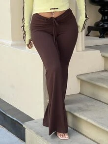 NegzBox Women's Shades Of Brown Flare Pant,Summer Casual Slim Fit Drawstring Pleated Street Style Pant,Perfect For Date,Vacation,Travel,Boho&Music Festivals - Brown - View 7