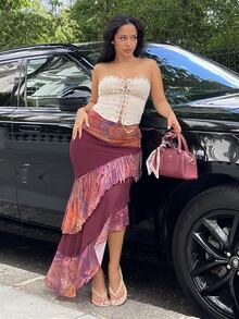 NegzBox Women's Summer Vacation Asymmetric Hem Tassel Detail Skirt - Brown - View 1
