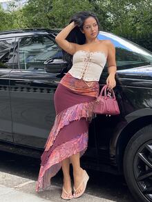 NegzBox Women's Summer Vacation Asymmetric Hem Tassel Detail Skirt - Brown - View 3
