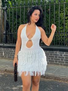 NegzBox Women's V-Neck Halter Backless Fitted Sweater Dress, Bohemian, Boho, Vacation, Autumn/Winter No Chest Padding White - White - View 3