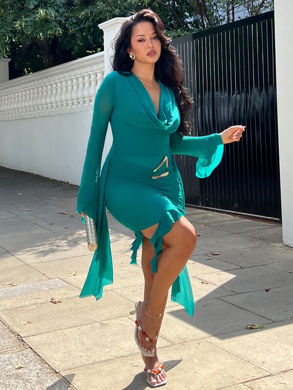 NegzBox Vestido mini de malla color verde azulado Y2K para mujer, vestido de fiesta ajustado de manga larga con cuello halter y volantes, estilo de los 70, atuendo de diosa para noche de verano y Navidad