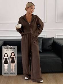 DAZY Women's Solid Color Long Sleeve Cardigan And Pants Casual Daily Lounge 2 Pieces Set Autumn Dark Brown - Brown - View 1
