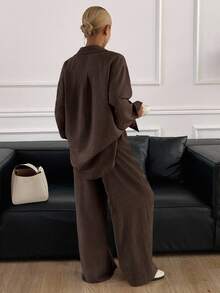 DAZY Women's Solid Color Long Sleeve Cardigan And Pants Casual Daily Lounge 2 Pieces Set Autumn Dark Brown - Brown - View 2