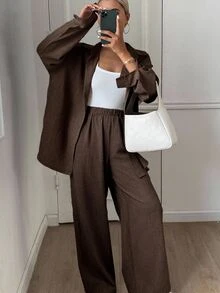 DAZY Women's Solid Color Long Sleeve Cardigan And Pants Casual Daily Lounge 2 Pieces Set Autumn Dark Brown - Brown - View 5
