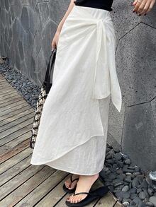 Livesso Petite Women's Solid Color Tie Waist Casual Vacation Skirt Autumn Beach White - White - View 8