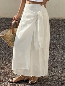 Livesso Petite Women's Solid Color Tie Waist Casual Vacation Skirt Autumn Beach White - White - View 3