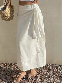 Livesso Petite Women's Solid Color Tie Waist Casual Vacation Skirt Autumn Beach White - White - View 2