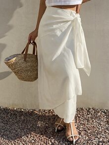 Livesso Petite Women's Solid Color Tie Waist Casual Vacation Skirt Autumn Beach White - White - View 6
