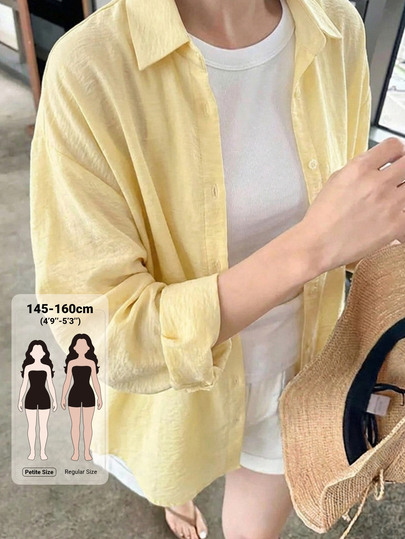 Livesso Petite เสื้อเชิ้ตผู้หญิงสีพื้นลำลองอเนกประสงค์สำหรับใส่ประจำวันฤดูใบไม้ร่วง
