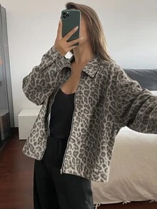 Livesso Petite Women's Leopard Print Long Sleeve Zip-Up Loose Casual Streetwear Shirt Autumn Everyday Grey Leopard Print - Brown - View 5