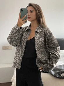 Livesso Petite Women's Leopard Print Long Sleeve Zip-Up Loose Casual Streetwear Shirt Autumn Everyday Grey Leopard Print - Brown - View 3