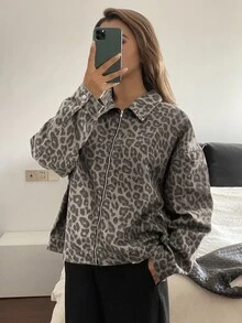 Livesso Petite Women's Leopard Print Long Sleeve Zip-Up Loose Casual Streetwear Shirt Autumn Everyday Grey Leopard Print - Brown - View 4