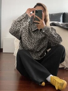 Livesso Petite Women's Leopard Print Long Sleeve Zip-Up Loose Casual Streetwear Shirt Autumn Everyday Grey Leopard Print - Brown - View 6