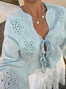 Livesso Petite Kemeja Wanita Motif Bordir Bunga Gaya Kasual Cottagecore Romantis Serbaguna untuk Harian Musim Gugur Liburan Pantai Biru Muda - Biru - View 8