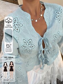 Livesso Petite Kemeja Wanita Motif Bordir Bunga Gaya Kasual Cottagecore Romantis Serbaguna untuk Harian Musim Gugur Liburan Pantai Biru Muda - Biru - View 1