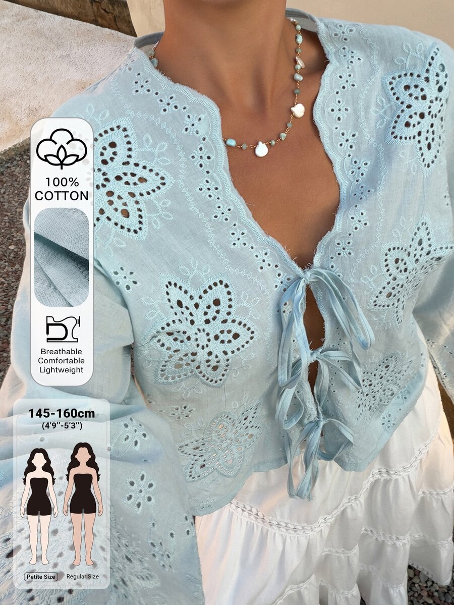 Livesso Petite Kemeja Wanita Motif Bordir Bunga Gaya Kasual Cottagecore Romantis Serbaguna untuk Harian Musim Gugur Liburan Pantai Biru Muda - Biru - View 1