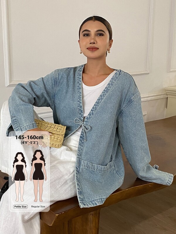 Livesso Petite Women's Drop Shoulder Long Sleeve Front Tie Loose Denim Jacket