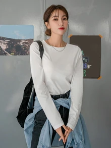 DAZY Damen einfarbiges Rundhals Lässig vielseitig Alltags-Ausgang Langarm T-Shirt Herbst - Weiss - Übersicht 8