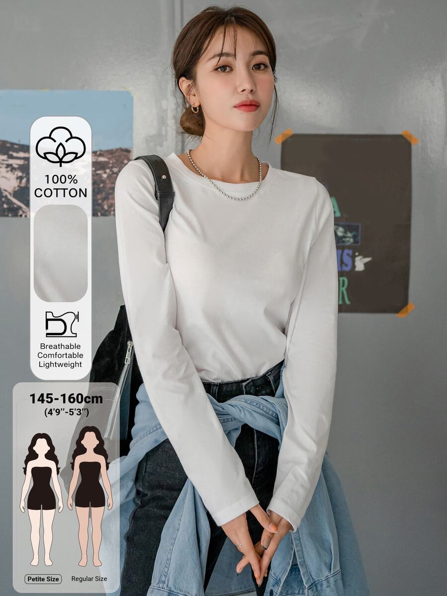 DAZY Damen einfarbiges Rundhals Lässig vielseitig Alltags-Ausgang Langarm T-Shirt Herbst - Weiss - Übersicht 1