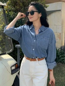 DAZY Women's Single-Breasted Casual Versatile Daily Denim Top Fall - Blue - View 3