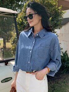DAZY Women's Single-Breasted Casual Versatile Daily Denim Top Fall - Blue - View 7