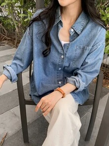 DAZY Women's Single-Breasted Casual Versatile Daily Denim Top Fall - Blue - View 5