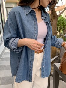 DAZY Women's Single-Breasted Casual Versatile Daily Denim Top Fall - Blue - View 8
