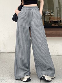 DAZY Celana Panjang Wanita Kasual Bergaris Model Lebar untuk Perjalanan Sehari-hari dan Atasan yang Lucu - Grey - View 8