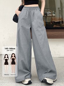 DAZY Celana Panjang Wanita Kasual Bergaris Model Lebar untuk Perjalanan Sehari-hari dan Atasan yang Lucu - Grey - View 1