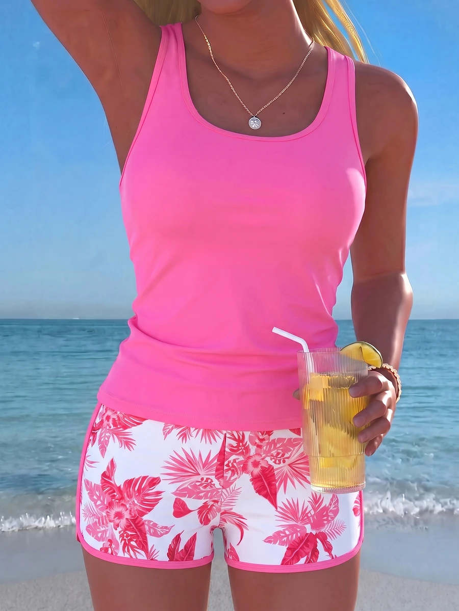 Swim Vcay Springbreak 女款海灘度假比基尼 3 件套，基本款短版背心上衣花卉印花比基尼套裝 - 彩色 - 查看 1