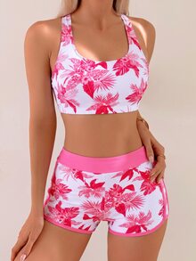 Swim Vcay Springbreak 女款海灘度假比基尼 3 件套，基本款短版背心上衣花卉印花比基尼套裝 - 彩色 - 查看 5