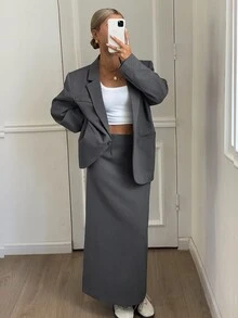 Livesso Petite Women's Solid Color Lapel Neck Long Sleeve Jacket And Skirt Casual 2 Pieces Set Fall - Grey - View 8