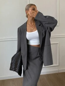 Livesso Petite Women's Solid Color Lapel Neck Long Sleeve Jacket And Skirt Casual 2 Pieces Set Fall - Grey - View 3